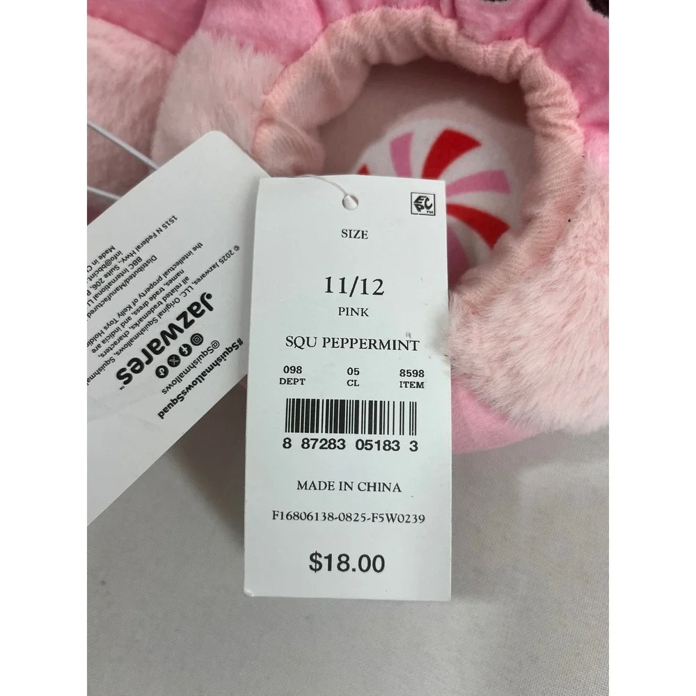 Squishmallows Peppermint Hot Cocoa Pink Plush Slippers‎ Kids Size 11/12 NWT